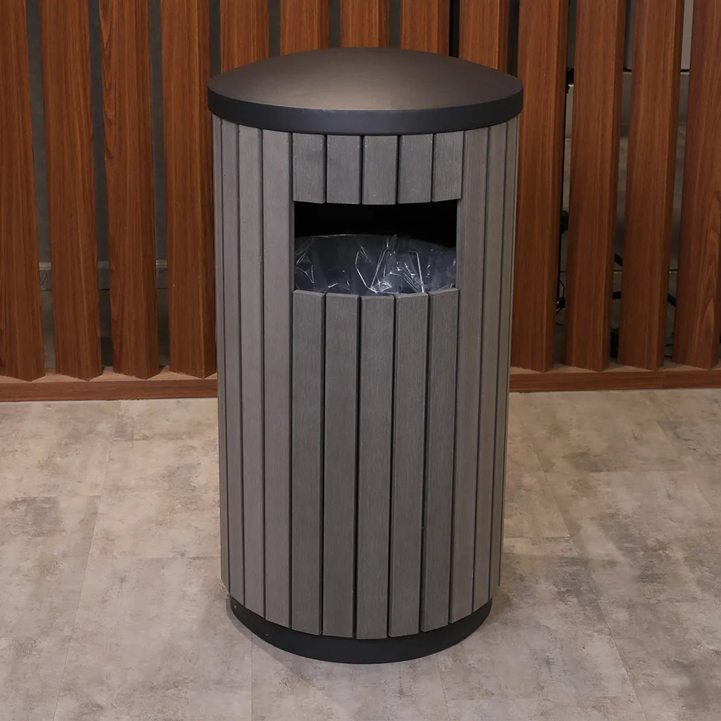 Wood Outdoor Round Trash Bin Grey, L53 x W53 x H107 cm