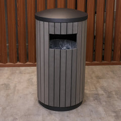 Wood Outdoor Round Trash Bin Grey, L53 x W53 x H107 cm