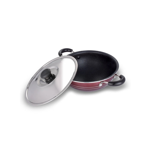 ARK Non Stick Aluminium Mini Kadai with Stainless Steel Lid, 24 cm