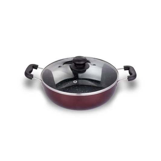 ARK Premium Marble Coated Non Stick Induction Aluminium Kadai with Glass Lid, 22 Cm