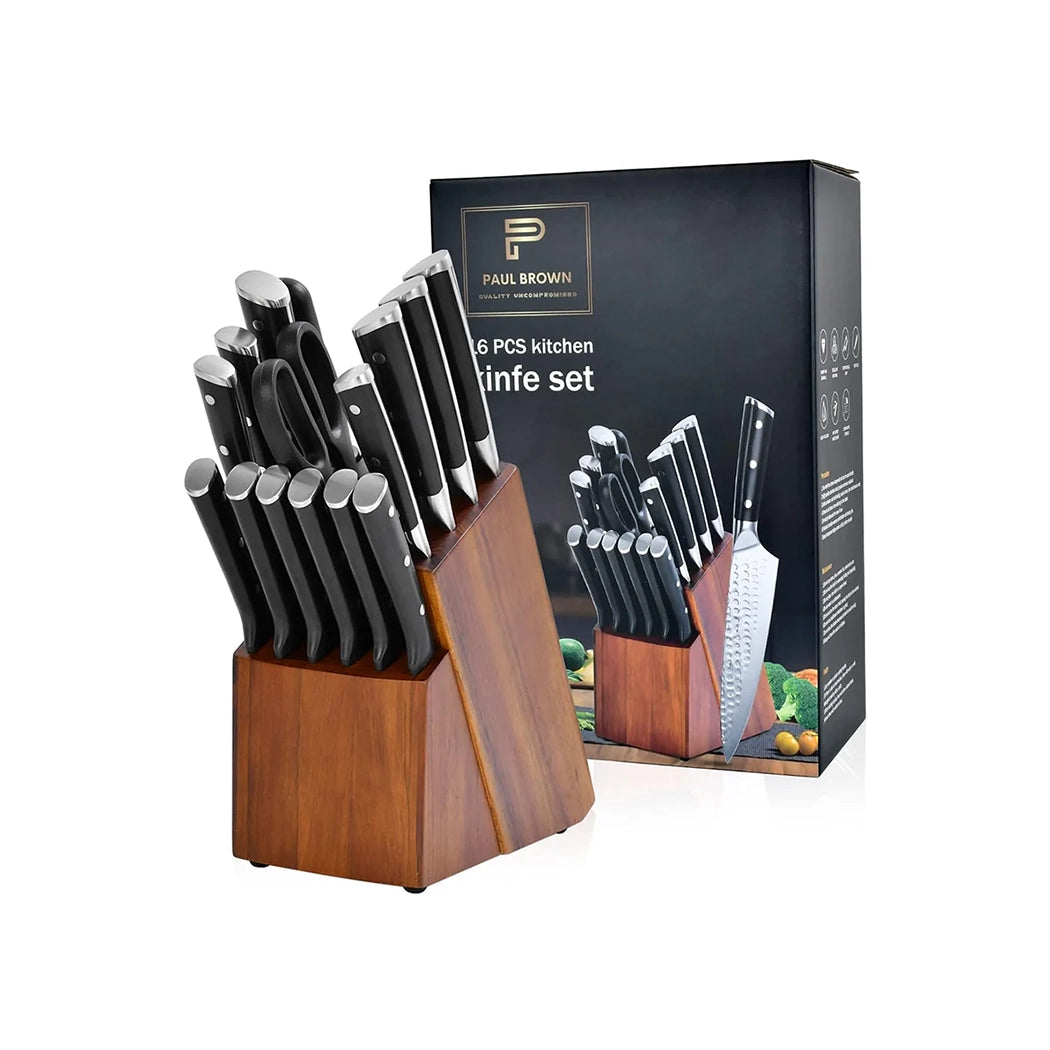 Paul Brown German Steel 16-Piece Knife set with Wooden Block Including Scissors