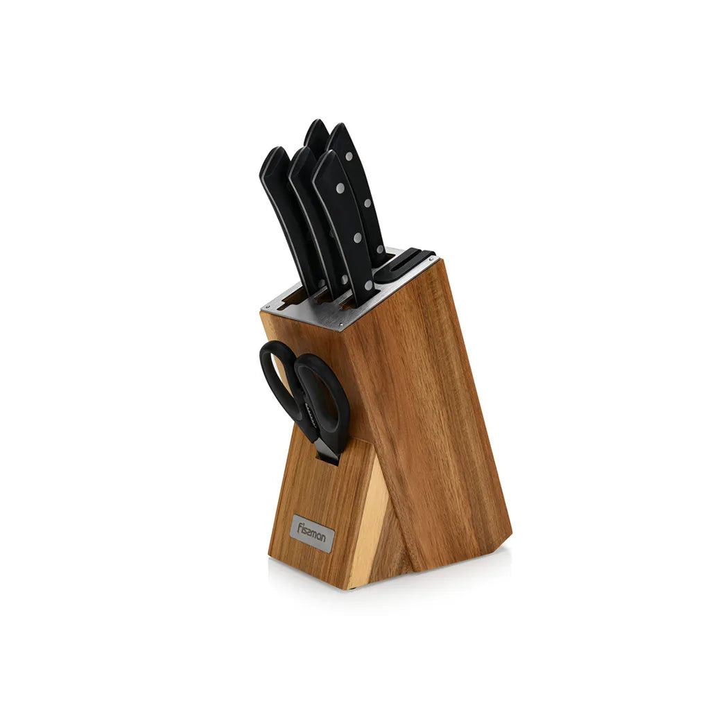 Weimar X30Cr13 Steel 7-Piece Knife Set with Wooden Block and Built-In Sharpener