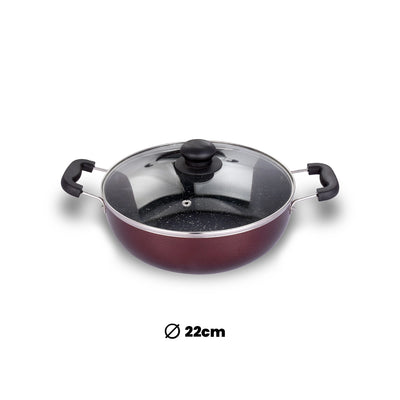 ARK Premium Marble Coated Non Stick Induction Aluminium Kadai with Glass Lid, 22 Cm