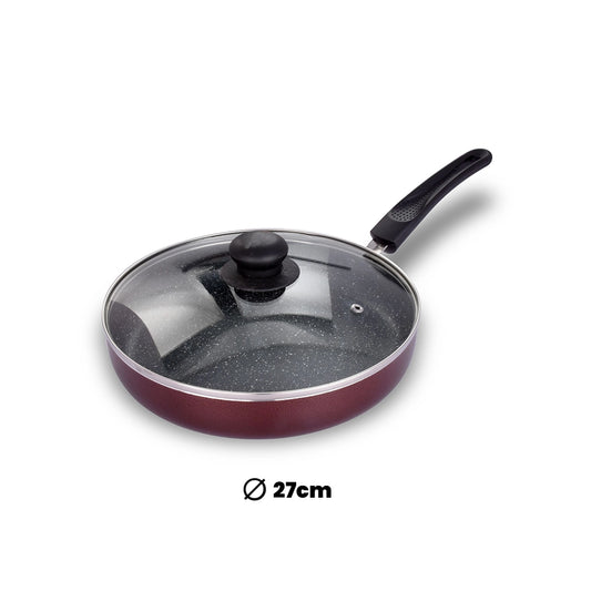 ARK Premium Marble Coated Non Stick Induction Aluminium Fry Pan with Glass Lid, 27 Cm