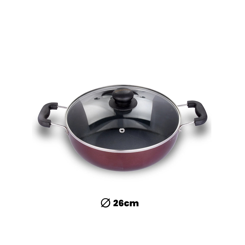 ARK Nonstick Induction Aluminium Kadai with Glass Lid, 26 cm