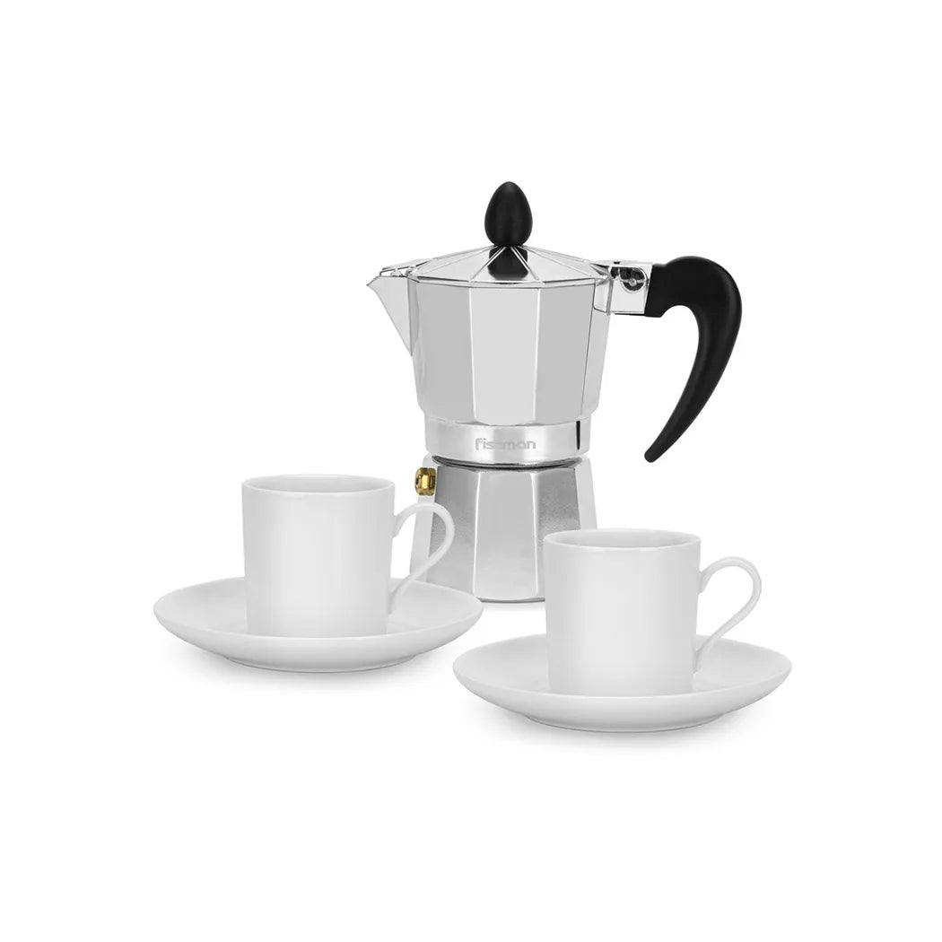 Aluminium Set Of Coffee Maker For 2 Cups/120ml And 2 Ceramic Cups With 2 Saucers Set