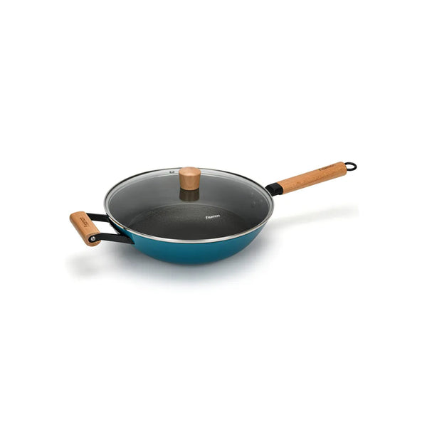 MELITA Series Wok Pan With Handle And Glass Lid in Black/Beige/Blue Color, 4ltr. Capacity and 30 x 8.4 cm