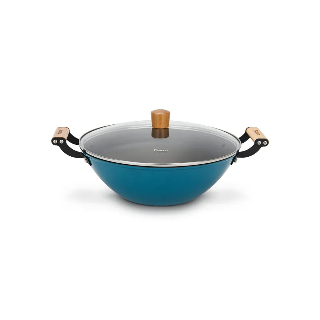 Seagreen Series Non-Stick Lightweight Cast Iron Wok with Glass Lid, 5ltr. Capacity and 32 x 10.5 cm