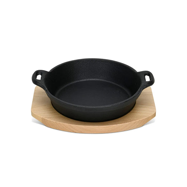 Cast Iron Pan (18 x 4.4 cm) with Two Side Handles and Wooden Tray