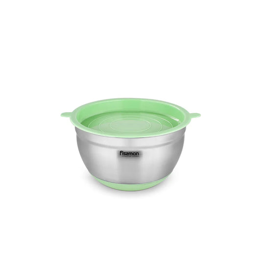 Stainless Steel Mixing Bowl with Lid and Non Slip Silicone Base in Green/Silver Color, 3 ltr.