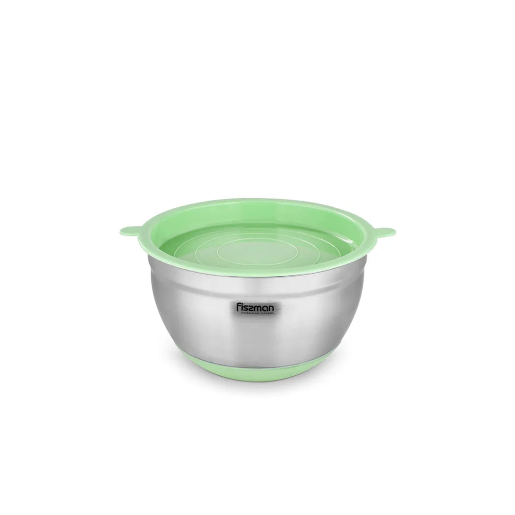 Stainless Steel Mixing Bowl with Lid and Non Slip Silicone Base in Green/Silver Color, 4.5ltr. Capacity and 24 ? 13.5 cm