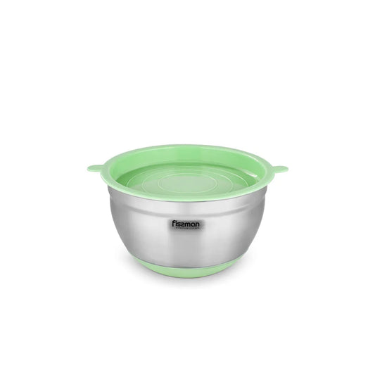 Stainless Steel Mixing Bowl with Lid and Non Slip Silicone Base in Green/Silver Color, 4.5ltr. Capacity and 24 ? 13.5 cm