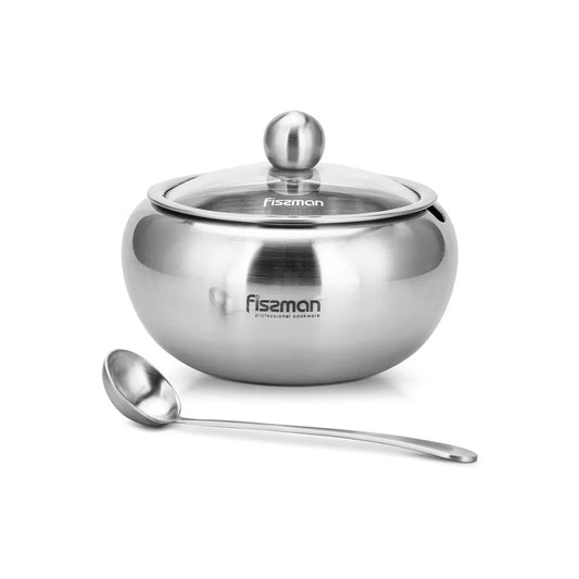 Stainless Steel Sugar Bowl with Glass Lid and Spoon in Silver Color, 560 ml