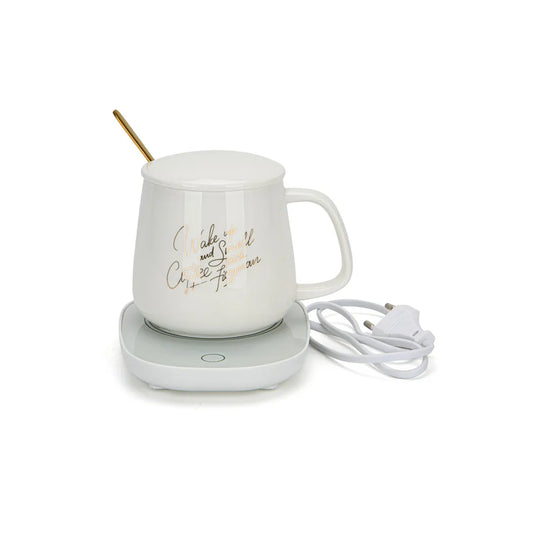 Constant Temperature Mug Warmer with Ceramic Cup and Spoon Set in White Color, 400 ml