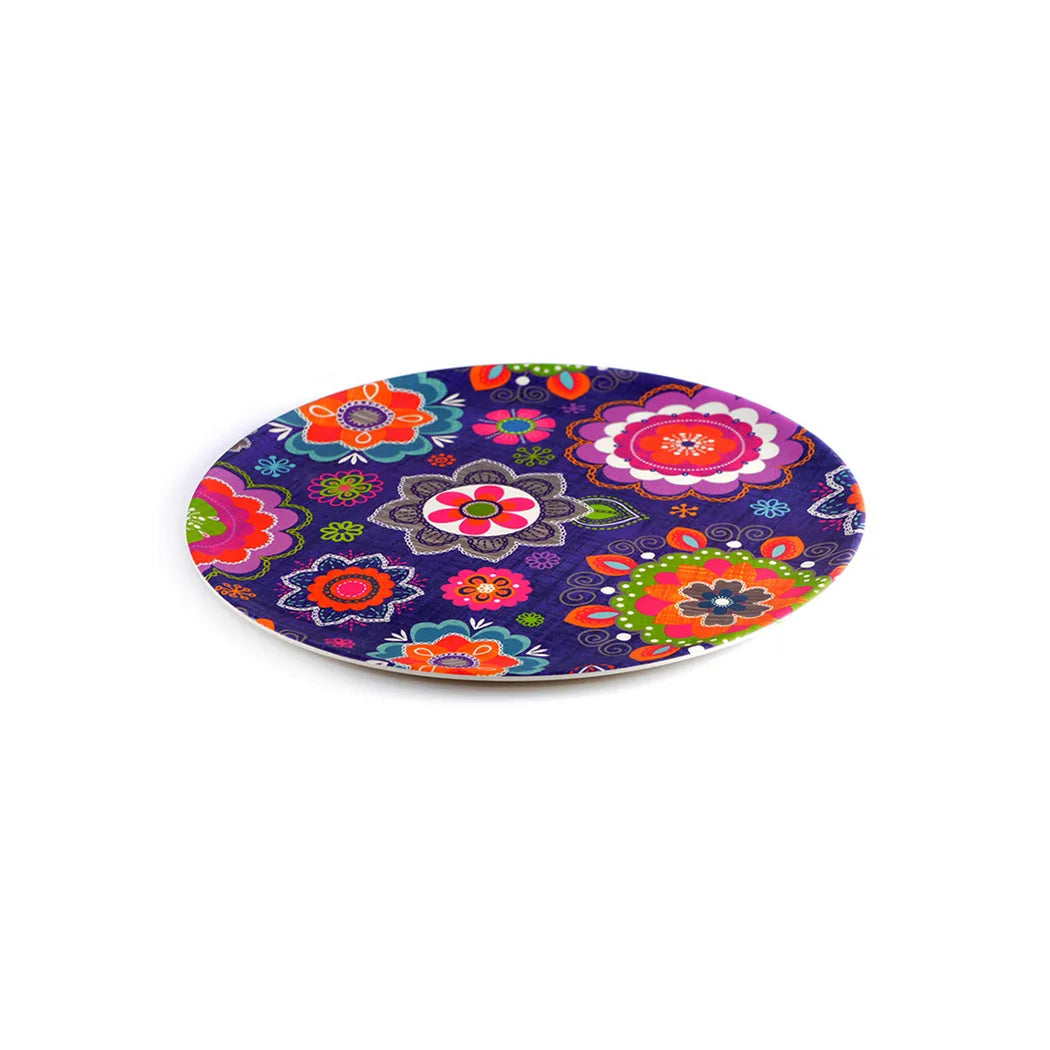 Bamboo made Flower Printed Plate in Purple/Pink/Green Color, 28 x 1.2 cm