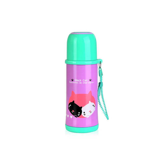 Stainless Steel Double Wall Vacuum Kitty Print Bottle in Multicolours, 360 ml