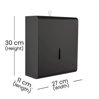 Aquaeco Ix304 Matt Black Satinless Steel Wall Mounted Paper Towel Dispenser with Cylinder Lock and Key, 27x11x30 cm