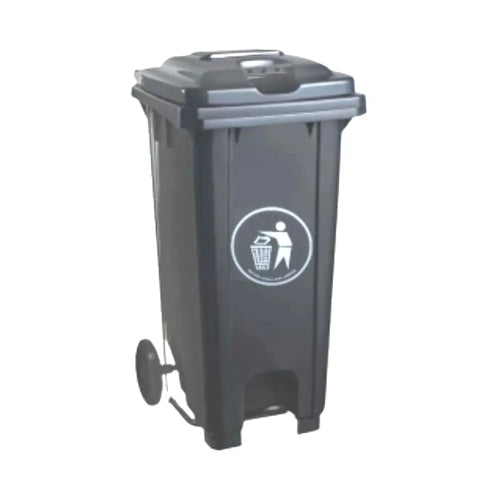 THS CNC100 Grey Plastic Garbage Bin With Wheel And Centre Pedal 100L