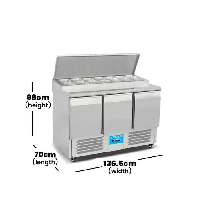 inofrigo ps300 pizza saladette with table top design for gn pans stainless steel gn 1 6 shelf size 136 5 x 70 x 98 cm 390 liters