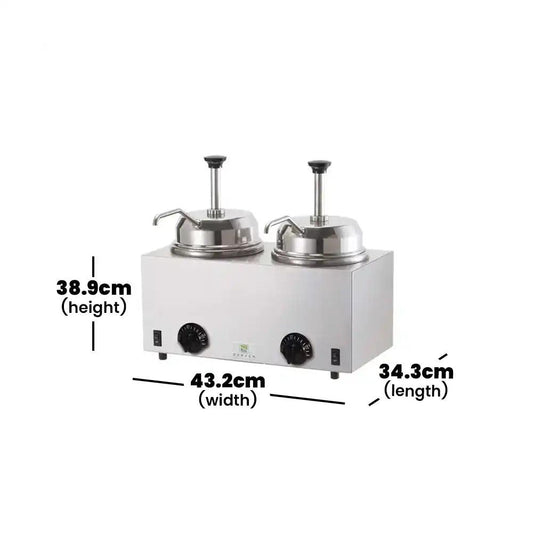 server usa fsp 84990 hot topping twin pump ladle warmer stainless steel thermostats heat control 38 9 x 43 2 x 34 3 cm 2 x 2 8 liter jars 1000 w