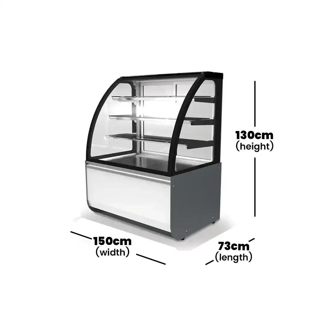 inofrigo fgw1500 c3 front curved double arc cold cake display showcase with led light stainless steel mirror base 150 x 73 x 130 cm 3 shelves