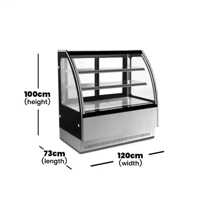 inofrigo fgw1000 c2 front curved double arc cold cake display showcase with led light stainless steel mirror base 100 x 73x 712 cm 2 shelves