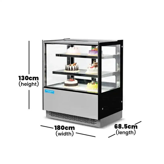 inofrigo fcs1800r2m front flat glass cake display showcase with led light stainless steel mirror base 180 x 68 5 x 130 cm 2 shelves