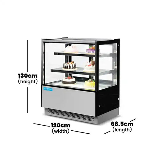 inofrigo fcs1200r2m front flat glass cake display showcase with led light stainless steel mirror base 120 x 68 5 x 130 cm 2 shelves