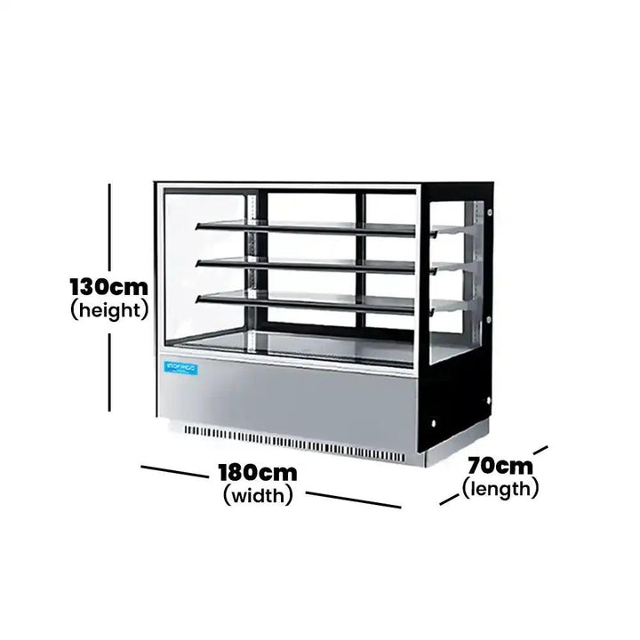 inofrigo fcs1800r3m front flat glass rectangular cake display showcase with led light stainless steel black base 180 x 70 x 130 cm 3 shelves