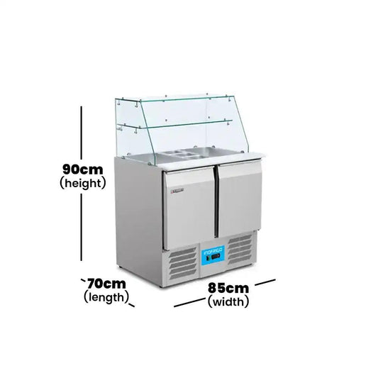 inofrigo s900t saladette with glass cover design for gn pans stainless steel gn 1 1 shelf size 90 x 70 x 85 cm 250 liters