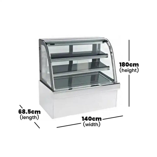 inofrigo fcs1800r3b front curved double arc cold cake display showcase with led light stainless steel mirror base 180 x 68 5 x 140 cm 3 shelves