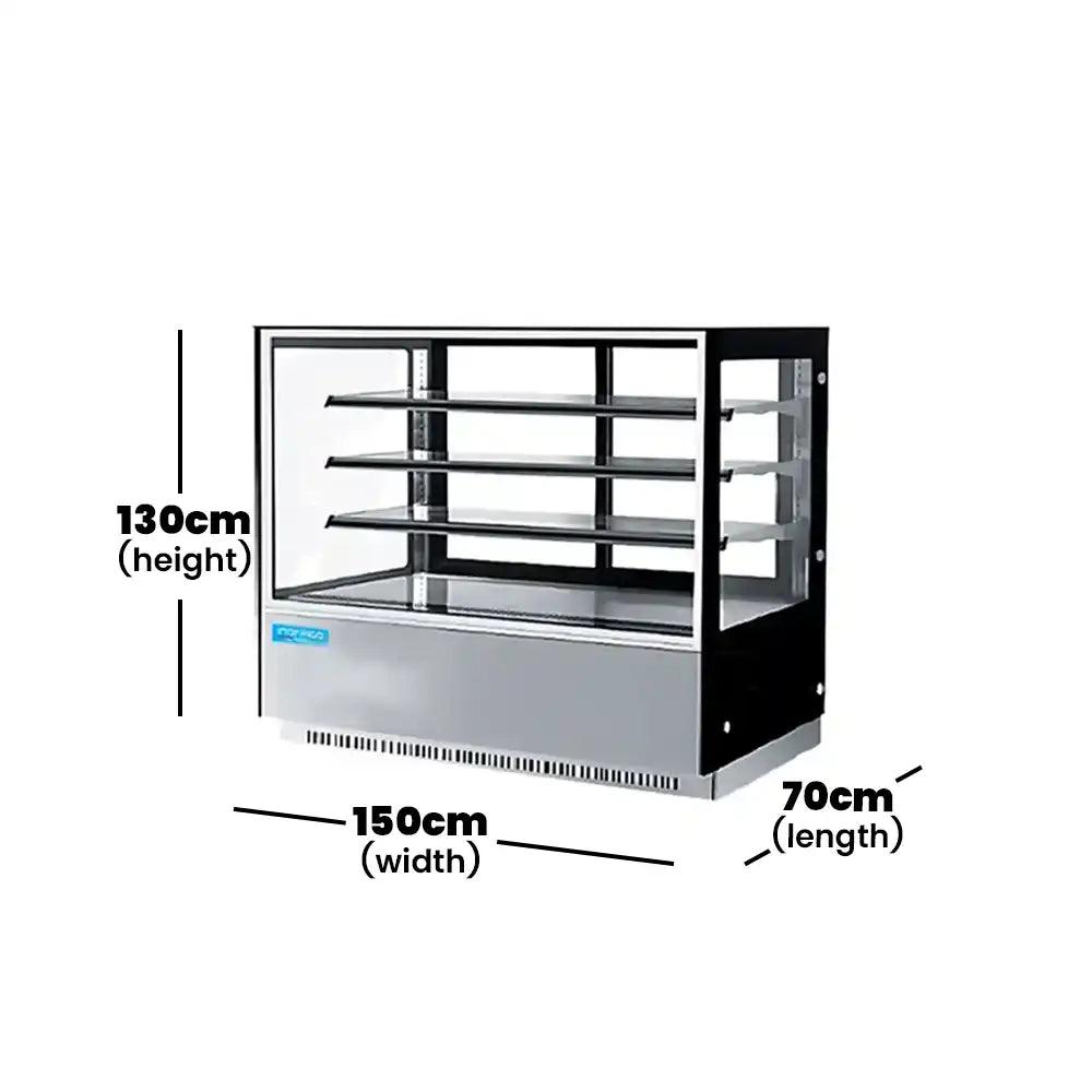 inofrigo fcs1500r3m front flat glass rectangular cake display showcase with led light stainless steel black base 150 x 70 x 130 cm 3 shelves