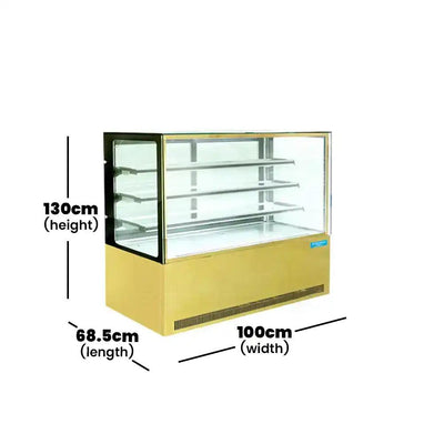 inofrigo fcs100r3m front flat glass cake display showcase with led light stainless steel golden base 100 x 68 5 x 130 cm 3 shelves