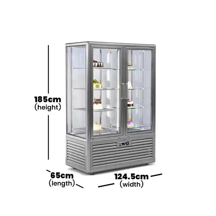 fg828l2 a1 dessert showcase four sided glass door rotary cake display cabinet upright refrigerator painted steel coating 124 5 x 65 x 185 cm