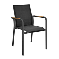 Gymkhana Pesaro Outdoor Dining Chair Textilene with Teak Armrest Stackable, Charcoal/Teak, 56.5x64x89 cm