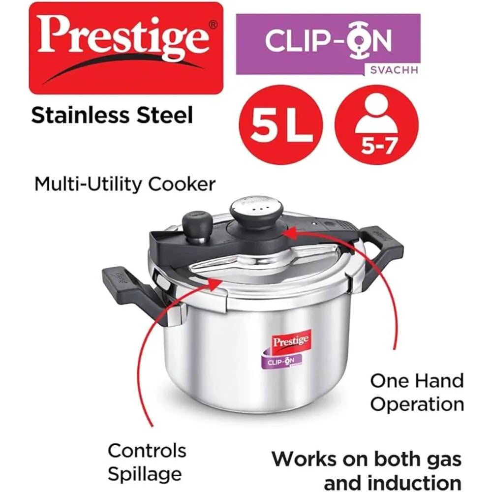 PRESTIGE MPC20230 S/S CLIP ON SVACHH PRESSURE COOKER, 5 ltr. CAPACITY