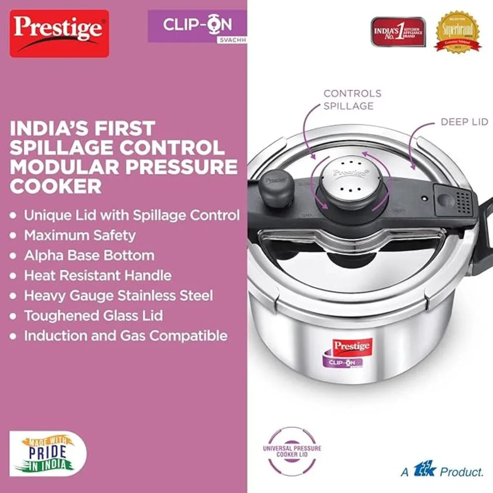 PRESTIGE MPC20230 S/S CLIP ON SVACHH PRESSURE COOKER, 5 ltr. CAPACITY