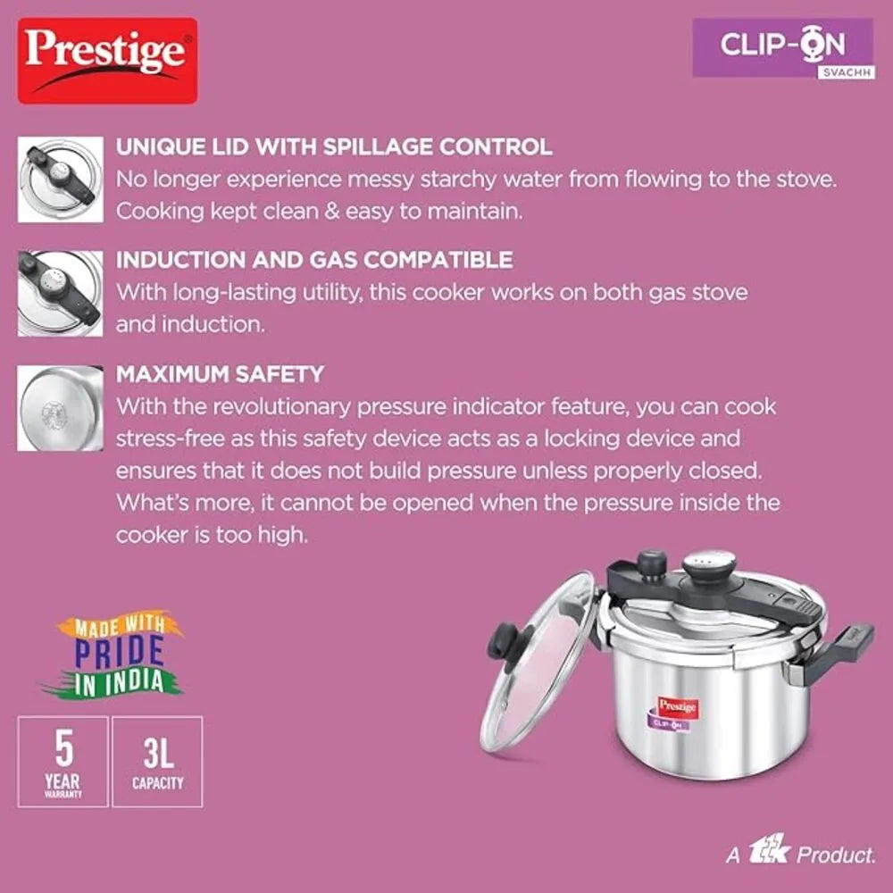 PRESTIGE MPC20230 S/S CLIP ON SVACHH PRESSURE COOKER, 5 ltr. CAPACITY