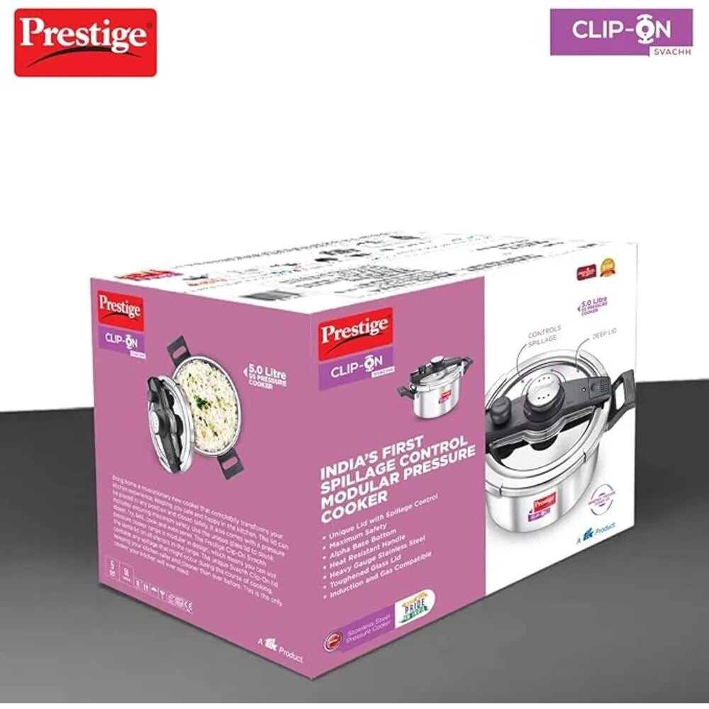 PRESTIGE MPC20230 S/S CLIP ON SVACHH PRESSURE COOKER, 5 ltr. CAPACITY