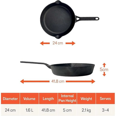 MEYER MY48242 CAST IRON SKILLET WITH SINGLE HANDLE, 24 cm DIAMETER