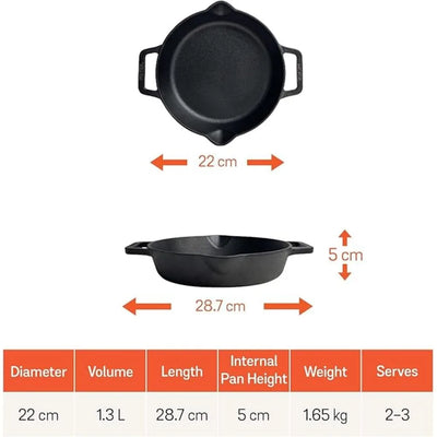 MEYER MY48447 CAST IRON SKILLET WITH TWO SIDE HANDLE, 22 cm DIAMETER