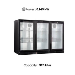 THS BC03PS Aluminium Body Bar Cooler Black With Three Sliding Doors, Capacity 320 L 145 W, 135 x 52 x 90 cm