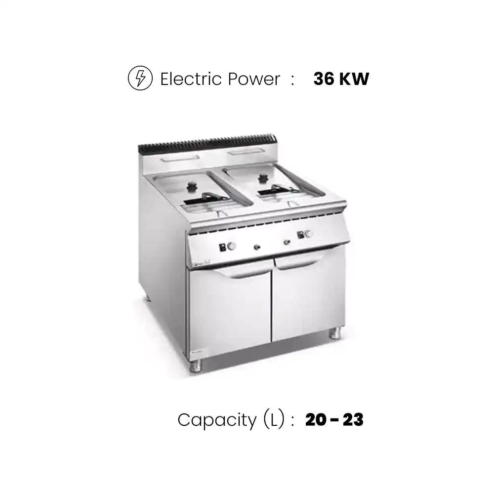 Double Electric Tank Fryer With Cupboard, 20 - 23 L x 2, L 80 x W 90 x H 85 cm - HorecaStore