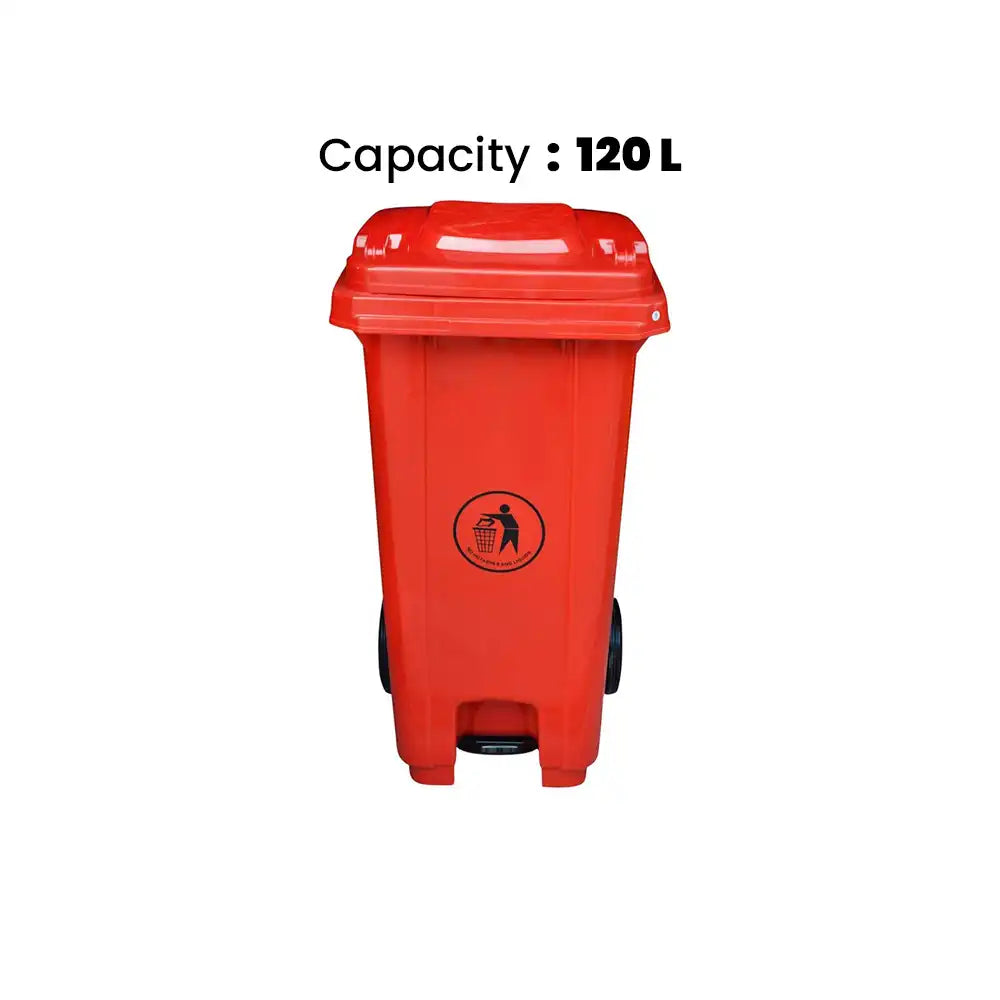 THS RSBIN120 Red Plastic Garbage Bin With Wheel And Centre Pedal 120L