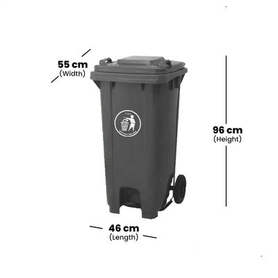 THS CNC120 Grey Plastic Garbage Bin With Wheel And Centre Pedal 120 L