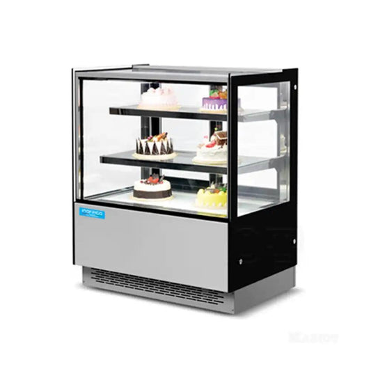 inofrigo fcs1200r2m front flat glass cake display showcase with led light stainless steel mirror base 120 x 68 5 x 130 cm 2 shelves