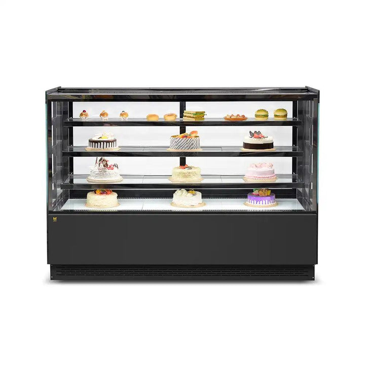 inofrigo fcs90r3m front flat glass cake display showcase with led light stainless steel mirror base 90 x 70 x 130 cm 3 shelves