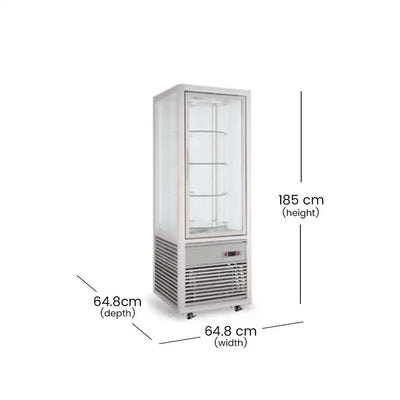 inofrigo fg418l1 a1 single upright cold showcase rotating with full glass and led light stainless steel coating 64 8 x 64 8 x 185 cm 4 shelves