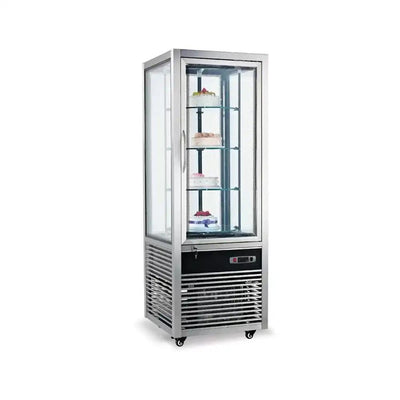 inofrigo fg418l1 s single upright chiller showcase rotating with full glass and led light stainless steel coating 64 x 64 x 185 cm 4 shelves