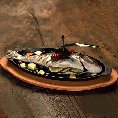 Lava Enameled Cast Iron Fish Plate With Wooden Platter 15 x 29 cm, Fish Sizzler Dish, Sizzling Plate, Steak Plate, For Restaurant, Home